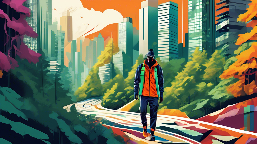 Digital artwork showcasing a transformation scene where a person dressed in sleek urban fashion morphs into wearing functional trail attire, set in a cityscape that blends into a forested mountain tra