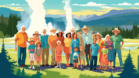 A joyful, multi-generational family posing for a group photo with the picturesque Yellowstone National Park as the backdrop, featuring lush greenery, vibrant geysers, and diverse wildlife under a clea