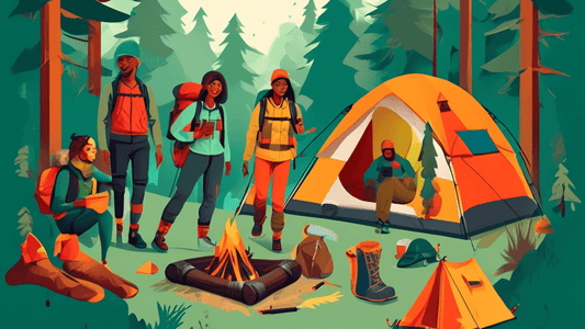 An illustratively detailed guide featuring a diverse group of people wearing essential camping outfits in a beautiful forest setting, with annotations pointing out various wearable items such as water