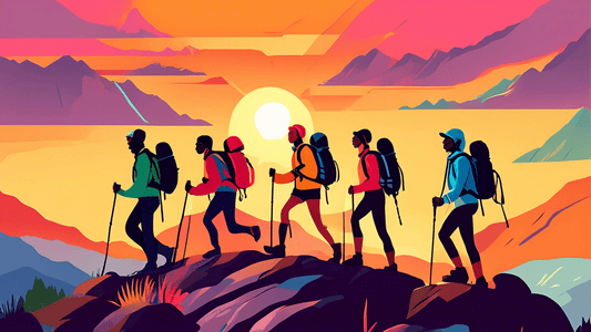 An illustration showcasing a diverse group of hikers wearing various types of outdoor clothing such as waterproof jackets, breathable shirts, and hiking boots, romantically depicted on a scenic mounta