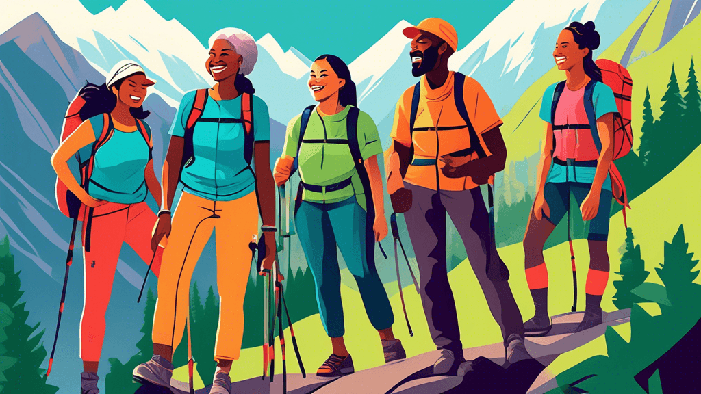 Create an image of a diverse group of hikers of various ages and ethnicities wearing vibrant, high-performance outdoor apparel from Trail Threads Co., happily sharing their positive experiences in a s