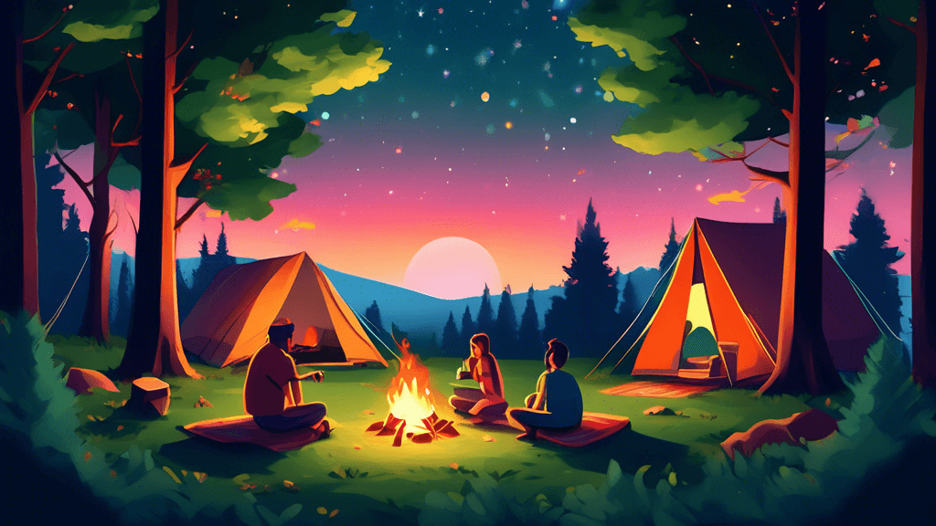 A serene campsite set up on a lush green forest edge, with a small tent glowing gently under starry skies, a campfire crackling softly, and a family enjoying a meal together on a picnic blanket, all s