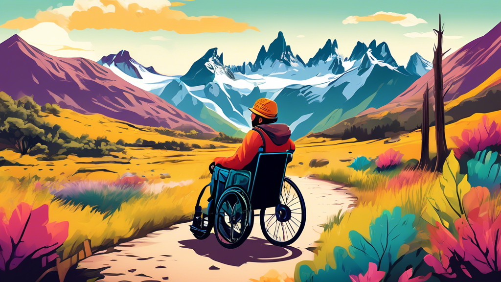 An adventurous wheelchair user exploring a beautiful, accessible nature trail in the lush landscapes of Patagonica with mountains in the background, showcasing inclusivity in outdoor activities.