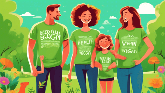 An illustration showing a happy family wearing colorful organic and vegan t-shirts in a lush, green park, with labels showing the eco-friendly and health benefits of the fabrics.