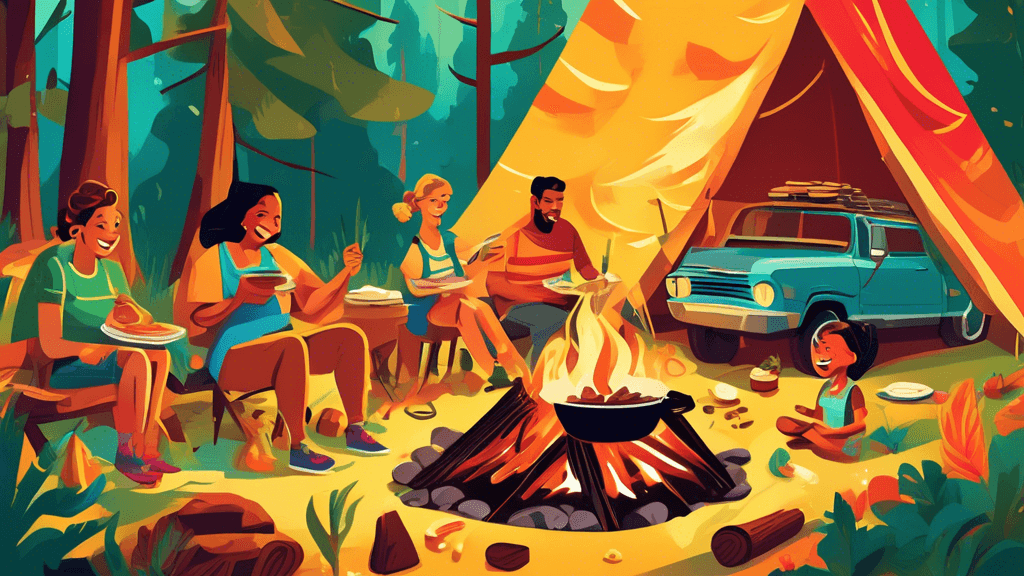 An illustrated collection of diverse families cooking over a campfire in a lush forest setting, with various car camping setups in the background, featuring mouth-watering meals like skillet s'mores, 