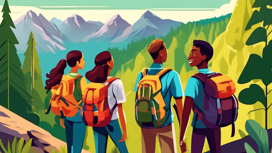 Group of diverse hikers with backpacks standing together on top of a mountain, smiling and enjoying a panoramic view of lush forests and distant peaks, symbolizing teamwork and community in a scenic o