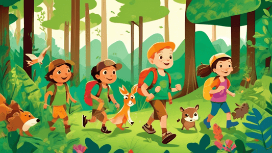 Adorable children wearing eco-friendly animal-themed hiking shirts, exploring a lush green forest, with a variety of animals playfully peeking from behind the trees in a whimsical, illustrated style.