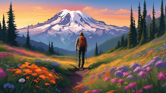 Stunning panoramic view of Mount Rainier at sunrise, vibrant wildflowers in the foreground, a hiker with a backpack standing on the trail, looking out over the picturesque landscape, crisp clear sky i