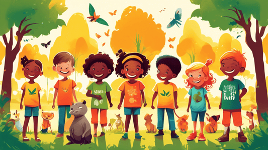 Colorful illustration of a diverse group of happy children wearing stylish, organic and vegan t-shirts in a sunny park setting, surrounded by nature and animals, emphasizing eco-friendliness and susta