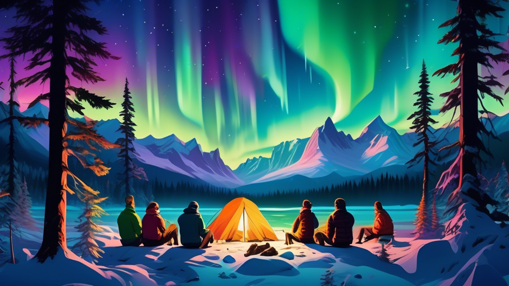 A vibrant digital artwork showcasing a group of friends enjoying a weekend camping adventure under the stunning Northern Lights in a lush Alaskan forest, with snowy mountain peaks in the background an