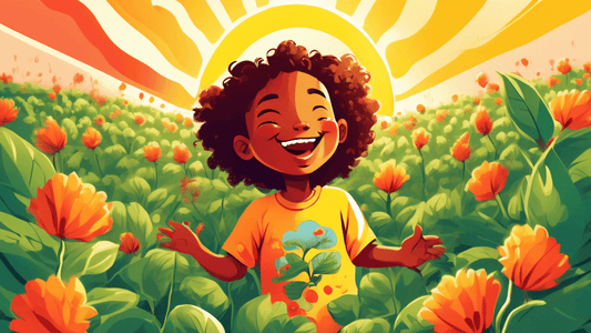 An illustration of a happy child wearing a colorful vegan t-shirt, playing in a field of organic cotton plants under a bright sun.