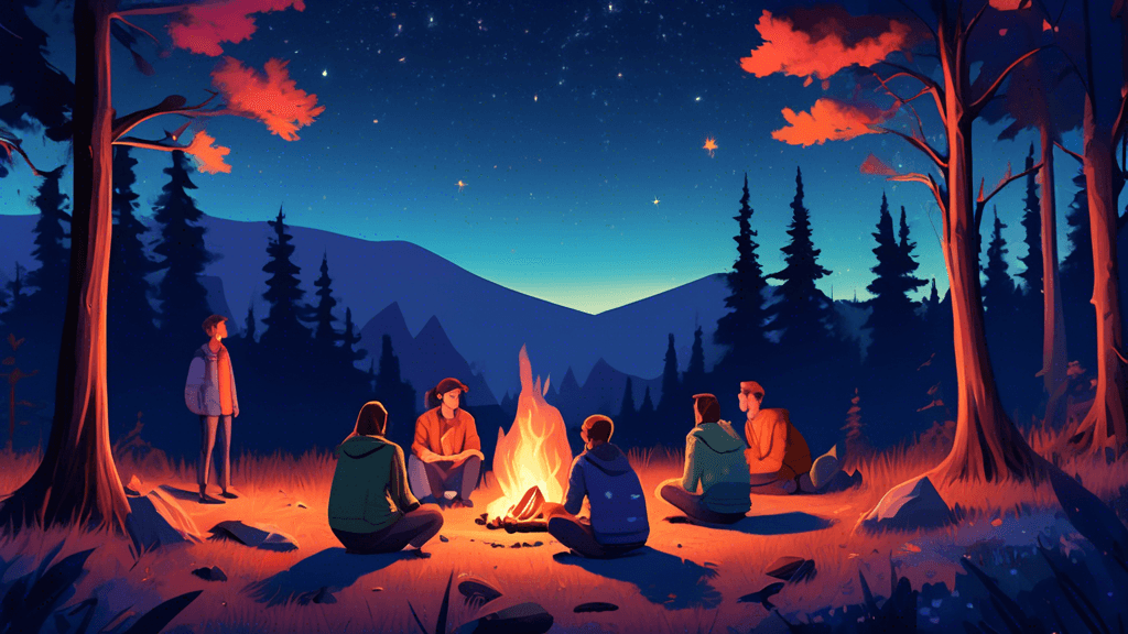 A serene twilight scene featuring a small group of friends gathered around a crackling campfire in a vast, untouched forest clearing, with tents set up in the background and distant mountains under a 