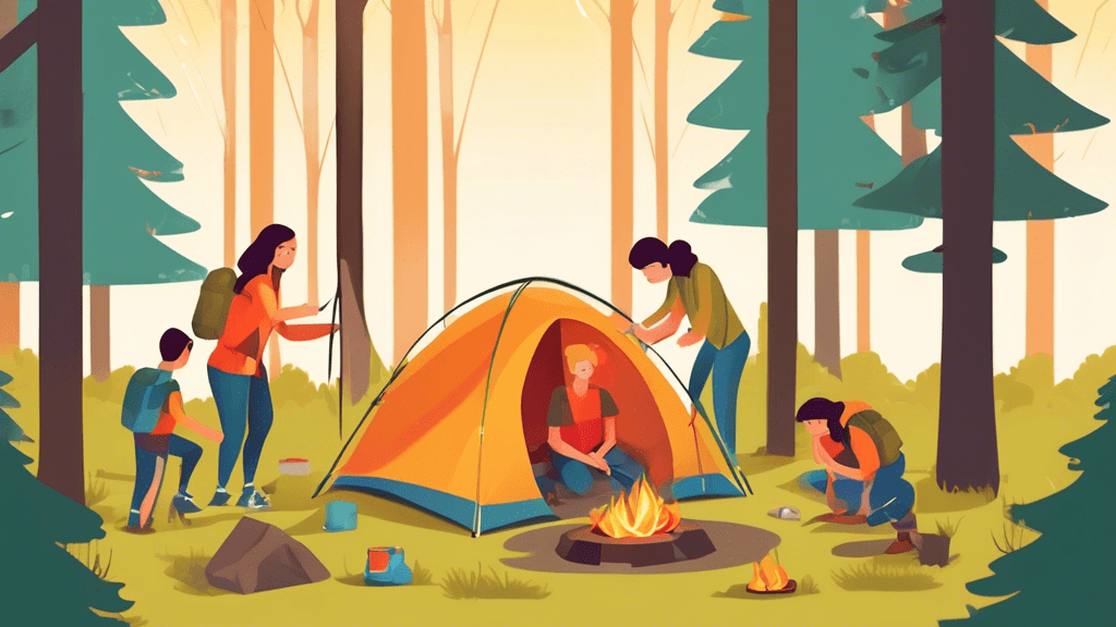 An illustrative guide showing a family safely setting up a camping tent in a forest clearing, highlighting key safety tips such as proper grounding, spacing from fire pit, and checking for overhead ha