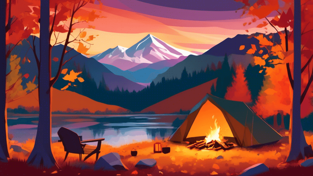 Serene autumn camping scene in Washington State with a cozy tent under a canopy of colorful fall foliage, a campfire gently burning as twilight descends, and snow-capped mountains visible in the dista