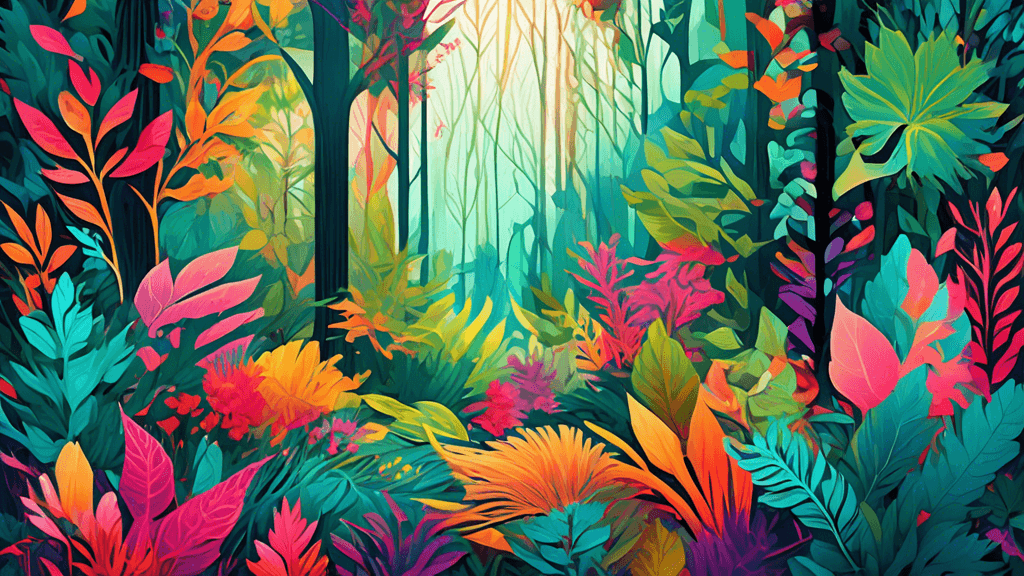 Digital artwork of a lush, vibrant forest, intricately designed with vivid colors and patterns that emulate natural elements like leaves, flowers, and wildlife, blending seamlessly into an elegant, ab