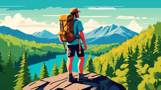 An adventurous hiker with a backpack standing on a scenic overlook of the Superior Hiking Trail, surrounded by lush green forests and distant mountains under a clear blue sky.