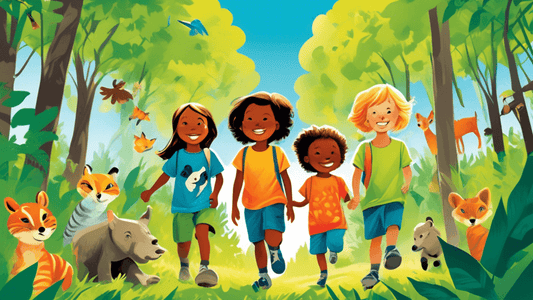 A vibrant illustration of young children wearing bright, organic cotton t-shirts with various animal prints, happily hiking through a lush, green forest filled with wildlife and a clear blue sky overh