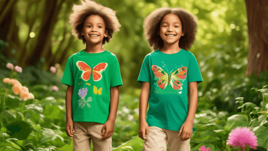 A visually engaging and educative split-image showing two children wearing different types of t-shirts in a lush, green park setting. On the left, a child smiles while wearing a vibrant, textured orga