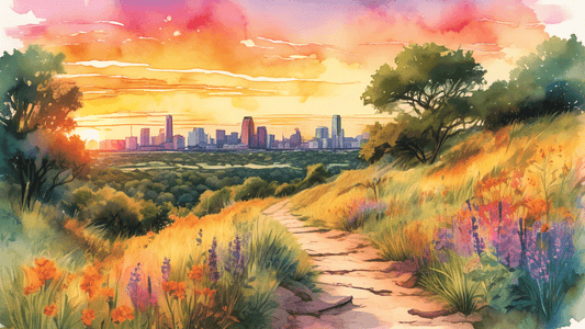 Panoramic view of a vibrant sunset over a scenic hiking trail in Austin, illustrating diverse hikers enjoying their adventure surrounded by lush greenery and wildflowers, with landmarks and city skyli