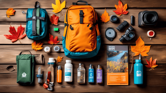 Autumnal hiking trail adventure kit, featuring a waterproof backpack, GPS device, eco-friendly water bottle, binoculars for bird watching, and a compact first-aid kit, all laid out on a rustic wooden 