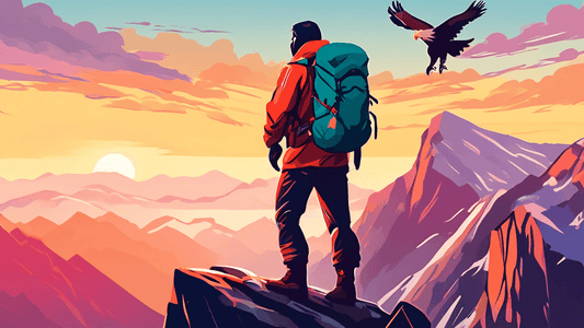 An adventurous person standing on a rocky mountain peak at sunrise, dressed in essential outdoor gear including a waterproof jacket, hiking boots, and a backpack, overlooking a vast valley with eagles