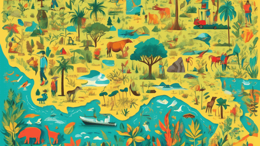 An illustrated map of Florida highlighting the top hiking trails, each trail dotted with small icons of hikers, wildlife, and native plants, in a vibrant and colorful artistic style.