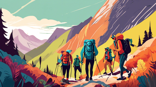 An illustration of a group of diverse hikers wearing essential trail apparel such as waterproof jackets, moisture-wicking shirts, hiking boots, and backpacks, exploring a lush mountain trail surrounde