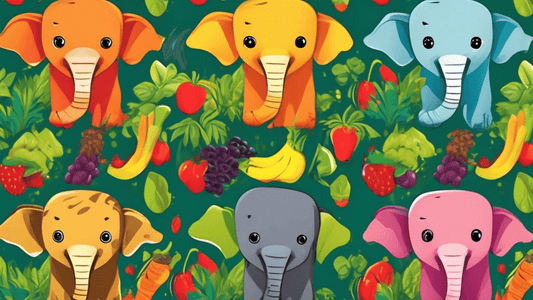 Design a series of vibrant and playful vegan-themed wildlife t-shirts for children, featuring cartoon illustrations of various animals like elephants, tigers, and monkeys enjoying a feast of fruits an