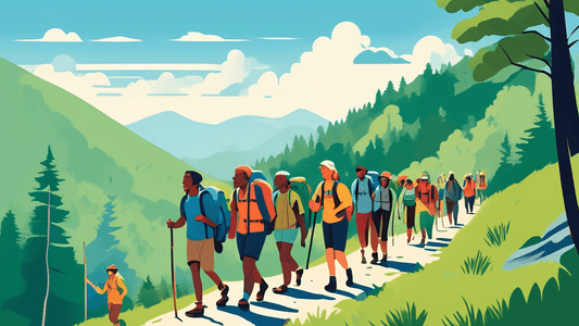 An illustration of a diverse group of people of various ages and ethnicities hiking on the Appalachian Trail, each wearing backpacks and carrying flags representing different charitable causes, surrou