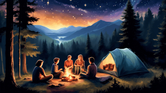 Create an enchanting digital painting of a family enjoying a campfire under a starry night sky, surrounded by the lush, mist-covered landscape of the Great Smoky Mountains. Include details like a tent