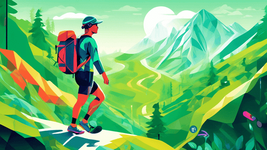 An illustration of a hiker on a mountain trail wearing advanced high-tech gear, including a smartwatch, GPS-enabled shoes, and apparel with integrated weather sensors, set against a backdrop of lush g