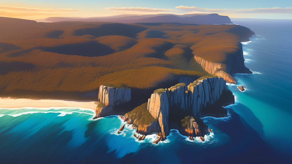 Stunning aerial view of the Three Capes Track, showcasing rugged cliffs, dense forests, and the crystal blue ocean at sunset in Tasmania, Australia.