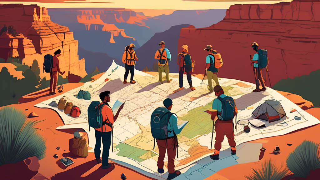 An illustration of a diverse group of hikers with various backpacking gear looking at a map together on the edge of the Grand Canyon at sunset, with detailed annotations of key hiking equipment and sa
