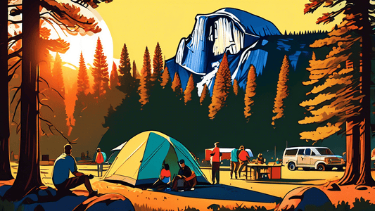 A vibrant, inviting campsite in Yosemite, bustling with energetic young adults setting up tents, cooking on a portable stove, and consulting a map under the shade of towering pine trees, with Half Dom