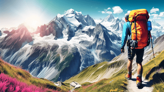 Digital artwork of a panoramic view of the Tour du Mont Blanc trail with transparent overlays illustrating essential hiking gear items such as a backpack, boots, trekking poles, and water bottle, rend