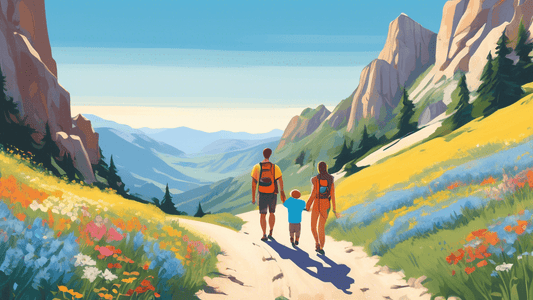 A serene landscape painting of a young family with a baby in a carrier, hiking on a scenic mountain trail surrounded by wildflowers and a clear blue sky.