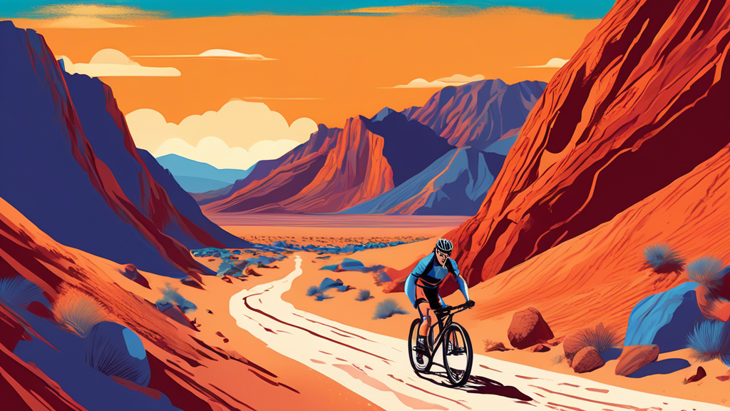 A cyclist dressed in lightweight, moisture-wicking attire, riding a rugged mountain bike on a winding desert path through Death Valley, with vivid blue sky overhead and dramatic red and orange rock fo