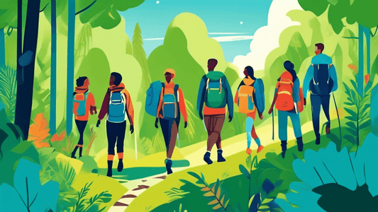 A group of diverse people hiking in a lush green forest, wearing fashionable, eco-friendly outdoor apparel made from recycled materials, showcasing various styles of jackets, boots, and backpacks, und