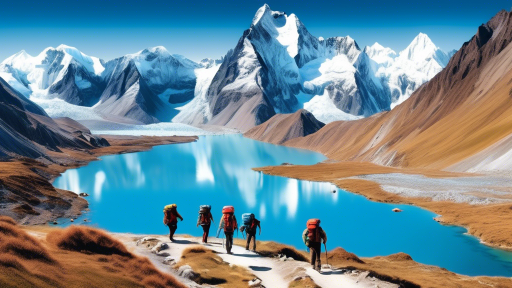 Stunning panoramic view of the dramatic Andean landscape featuring the rugged, snow-capped peaks of the Huayhuash Circuit, with a group of hikers with backpacks walking along a narrow trail beside a c