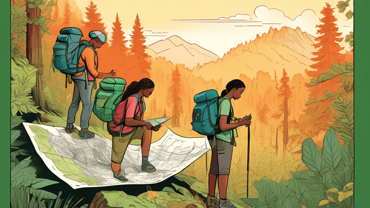 An image of a diverse group of hikers of various ages examining a map and adjusting their backpacks in a lush, green forest at sunrise, with detailed illustrations of hiking gear and tips overlaying t