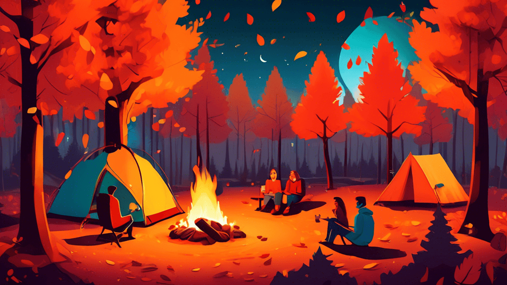 A cozy, vibrant autumn campsite nestled in a forest, with a small tent illuminated from within, a campfire casting a warm glow, and a group of friends roasting marshmallows under a sky tinged with the