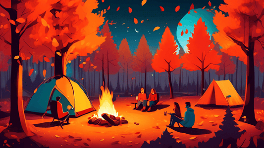 A cozy, vibrant autumn campsite nestled in a forest, with a small tent illuminated from within, a campfire casting a warm glow, and a group of friends roasting marshmallows under a sky tinged with the