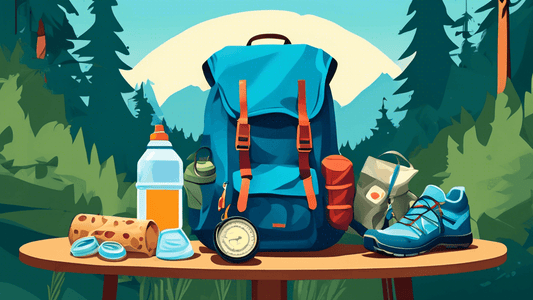 Digital illustration of a backpack filled with hiking essentials like a water bottle, map, compass, and snacks, surrounded by a forest background with a clear blue sky and a trail sign.