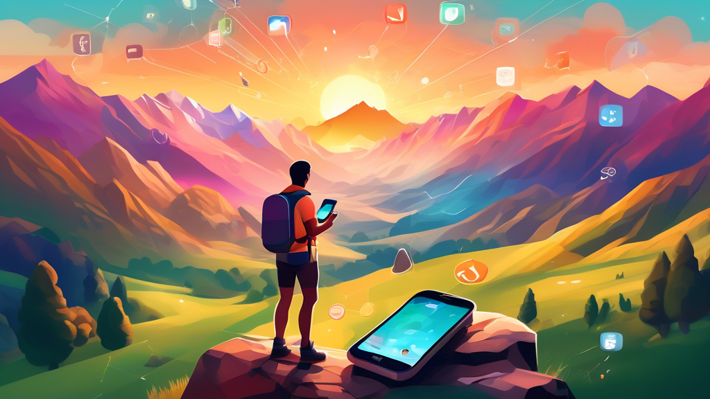 Digitally painted serene landscape showcasing a hiker using various mobile apps on a smartphone, with clear icons floating above the device, set in a lush mountainous region during sunset.