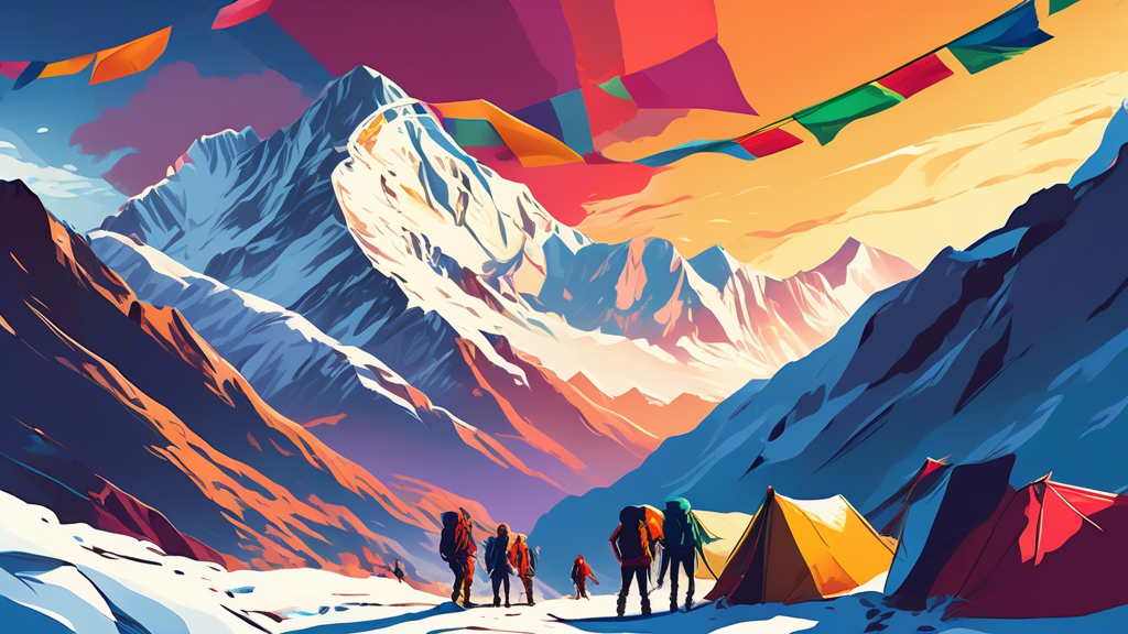 Stunning sunrise over the snowy peaks of the Annapurna Circuit, featuring a diverse group of hikers with backpacks admiring the panoramic view from a high mountain pass, vibrant prayer flags flutterin