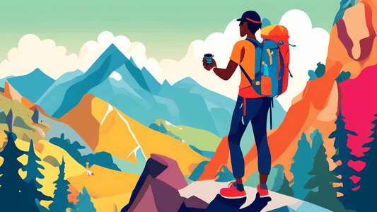 An illustration of a hiker at the peak of a mountain with a scenic backdrop, checking a smartwatch while holding a water bottle in one hand and a trail mix in the other, all essentials visible such as