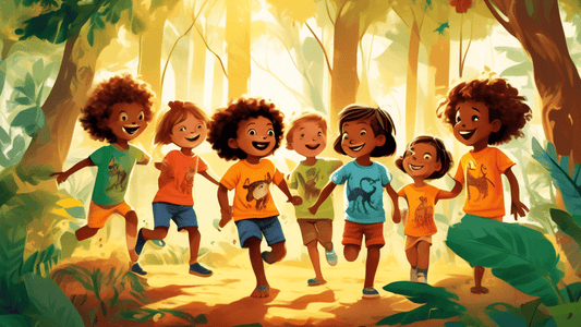 Create an image of a group of joyful children wearing vibrant organic cotton t-shirts with various animal prints, playing in a lush forest setting. The scene captures the essence of nature and adventu