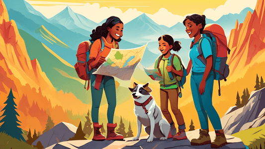 Digital artwork of a cheerful, diverse family of four dressed in hiking gear, with a scenic mountainous background, examining a map together while their dog waits beside them, style of a vibrant and d