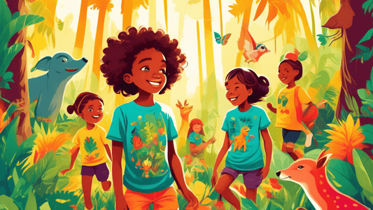 Cheerful children wearing colorful vegan-themed t-shirts, exploring a lush forest, with playful wildlife and plant designs on their tees, under a bright, sunny sky.