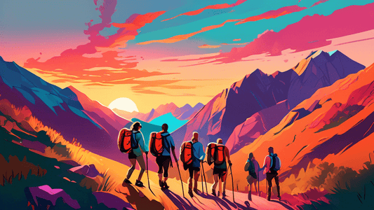 A vibrant digital painting showcasing a diverse group of hikers equipped with essential gear such as backpacks, walking sticks, and water bottles, standing on a picturesque mountain trail during sunse